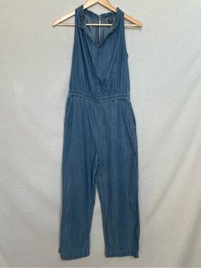 Point Sur Sleeveless Denim-Blue Cotton/Lyocell Blend Jumpsuit w/Ruffled Neckline